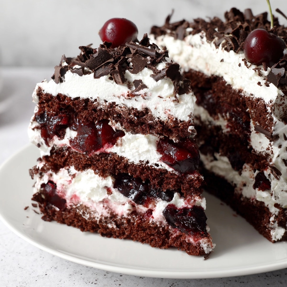 Saftige Schokoladenböden, cremige Sahne und süße Kirschfüllung machen diesen Schwarzwälder Kirschtorte unwiderstehlich.