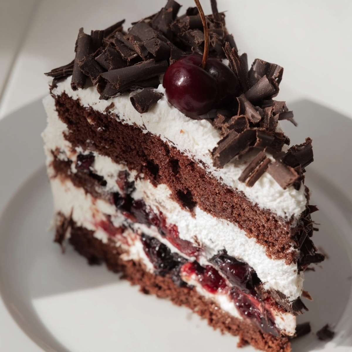 Ein dekadentes Stück hausgemachte Schwarzwälder Kirschtorte, perfekt für besondere Anlässe und Kaffeestunden.