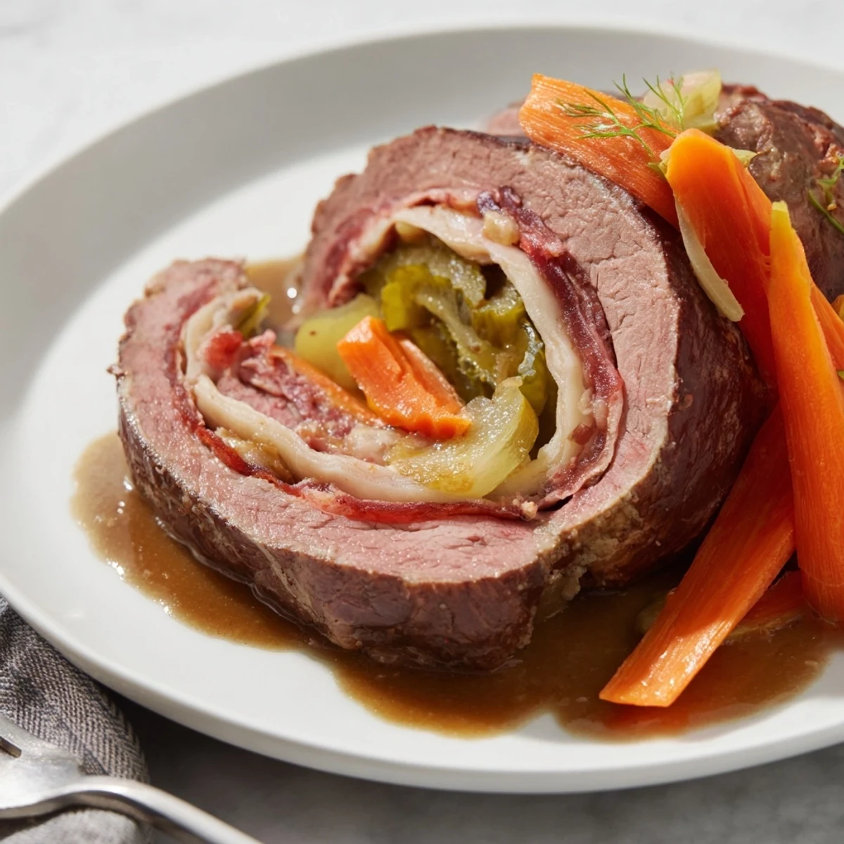 Zart gefüllte Rinderrouladen mit Speck und Gurken in kräftiger Soße.