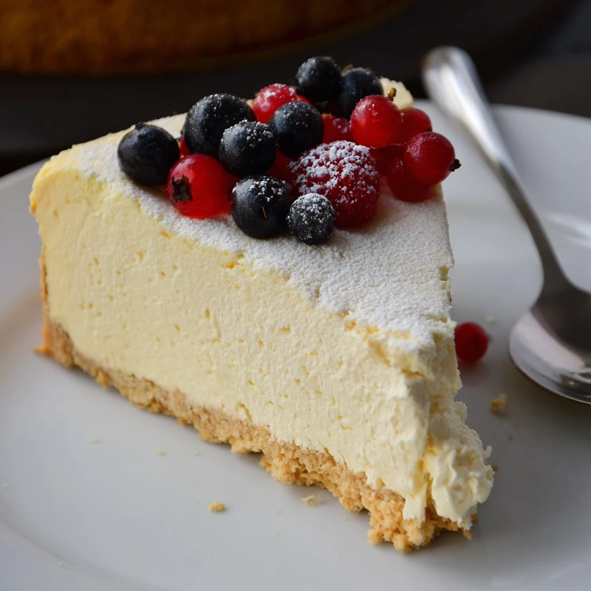 Zarter Quark-Käsekuchen, goldbraun gebacken, mit fruchtiger Zitronennote.  