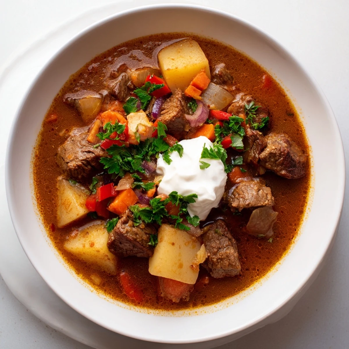 Aromatischer Goulash-Eintopf, perfekt für eine behagliche Familienmahlzeit in den USA.  
