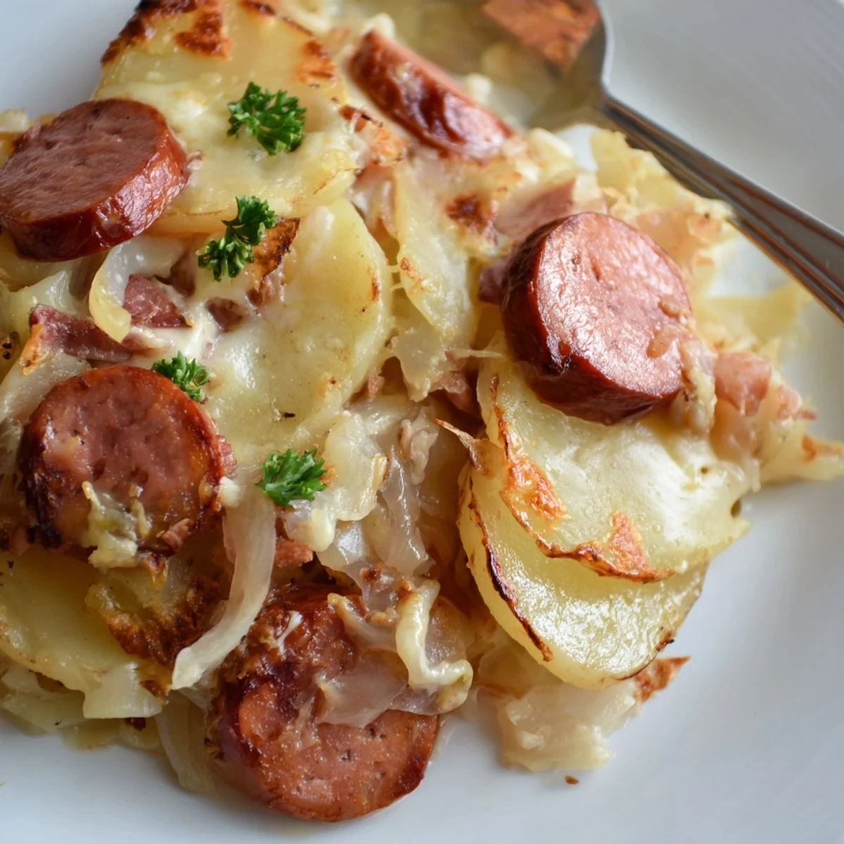 Wärmender Sauerkraut-Bake mit zarter Wurst, perfekt für ein Familienessen.  