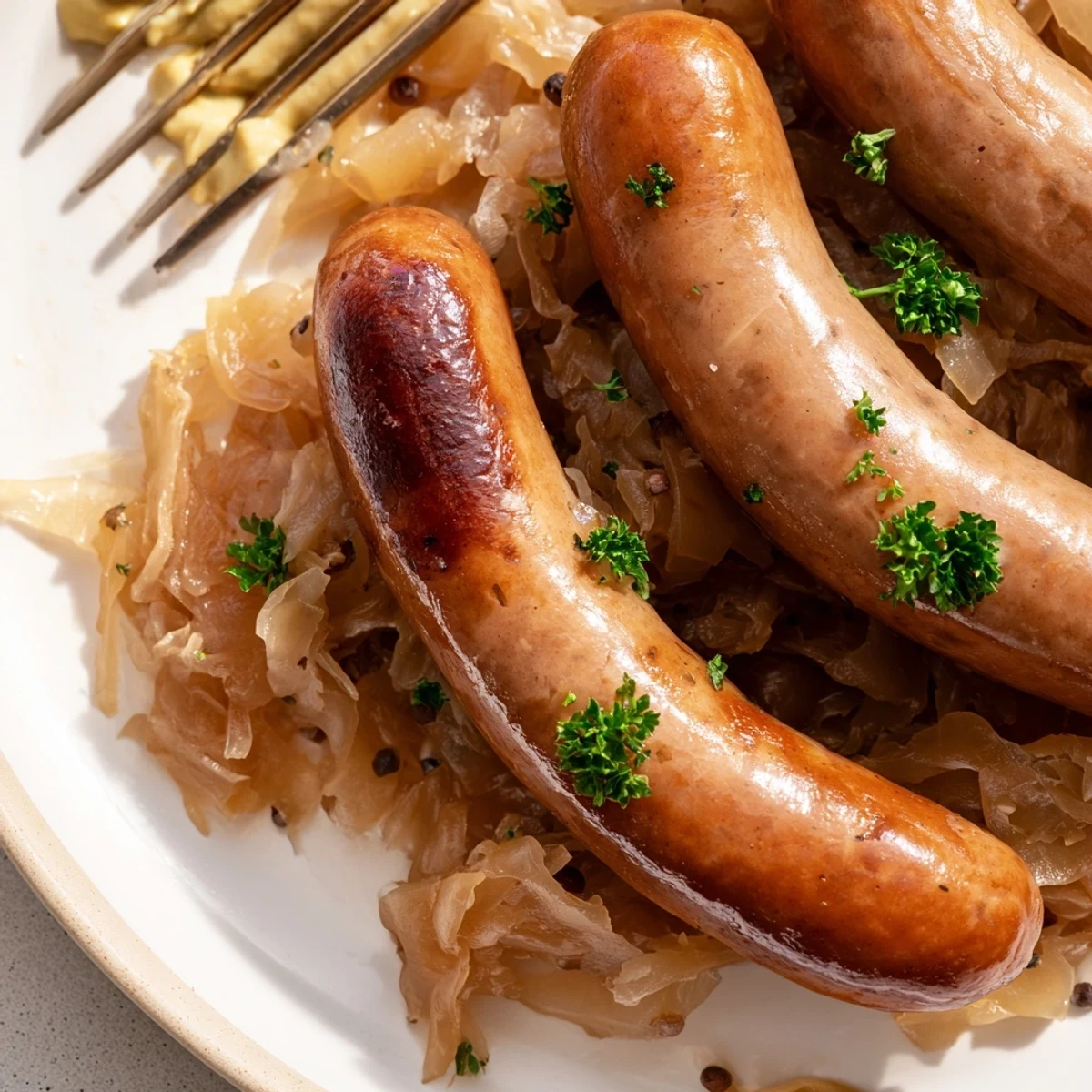 Zart geschmorte Bratwurst mit Sauerkraut, ideal für ein herzhaftes Abendessen.