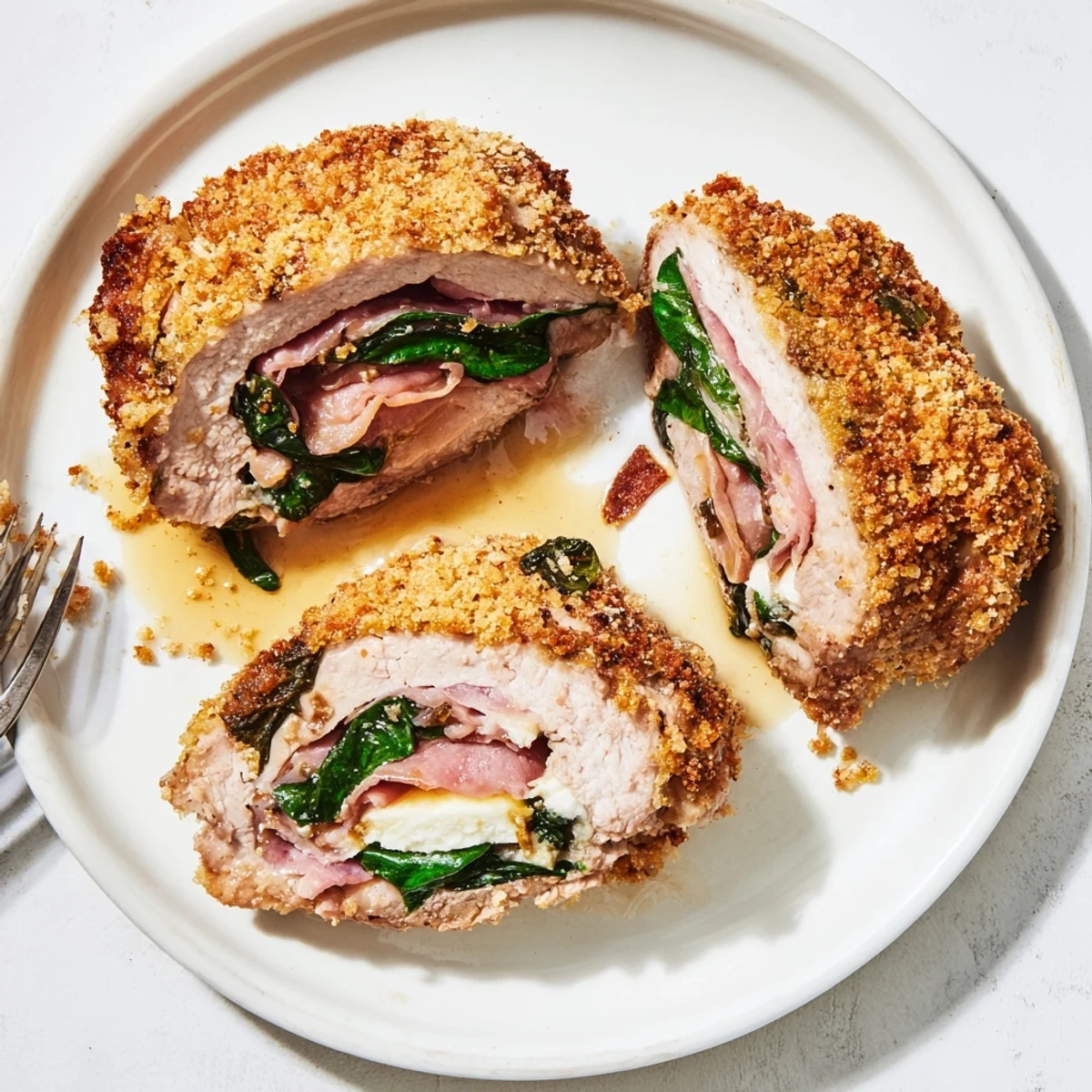 Zart gefüllte Kalbsschnitzel mit herzhaftem Käse und Kräuterfüllung, perfekt zum Servieren. 