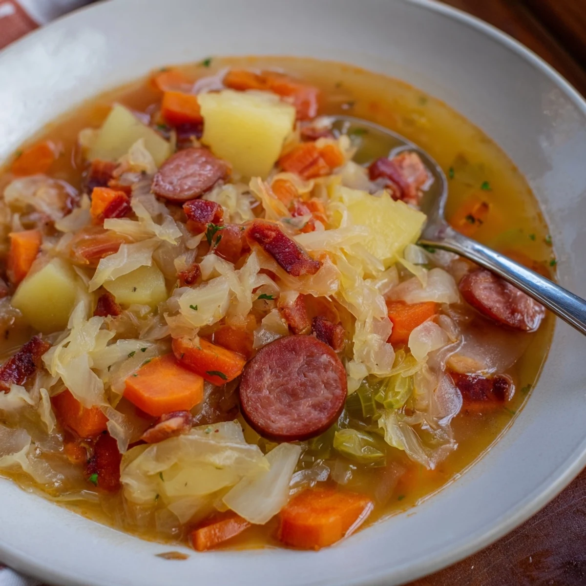 Herzhaftes Sauerkraut-Soup mit geräuchertem Fleisch und Wurzelgemüse für kalte Tage.