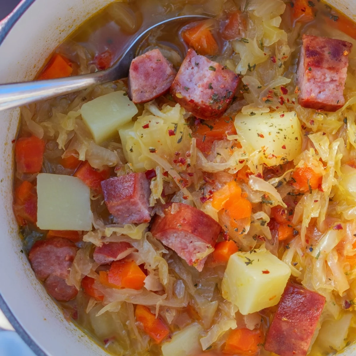 Wärmende Sauerkraut-Suppe, reich an Aromen und perfekten für gemütliche Abende.