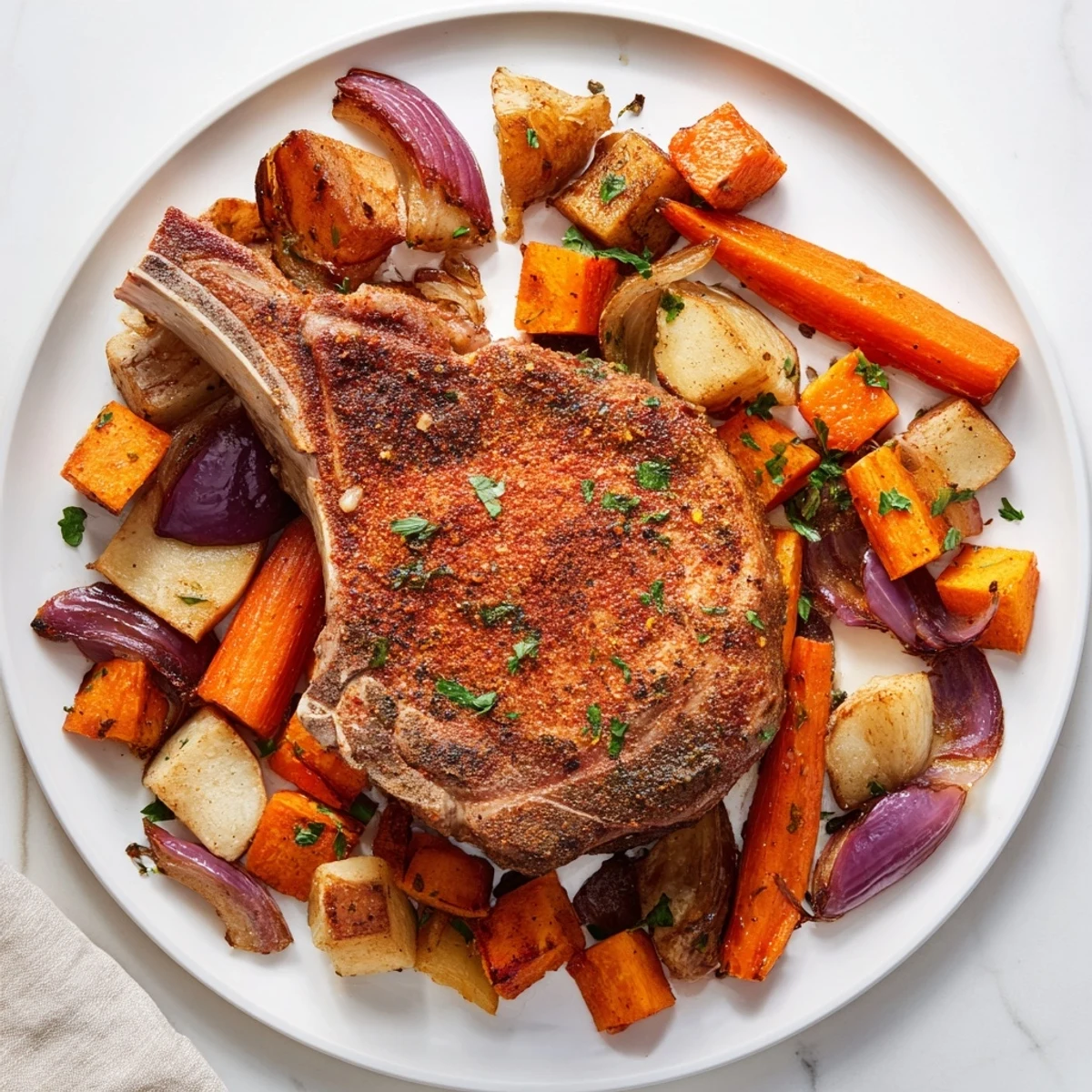 Juicy sheet pan pork chop with roasted root veggies, sizzling on a baking sheet, ready to eat.