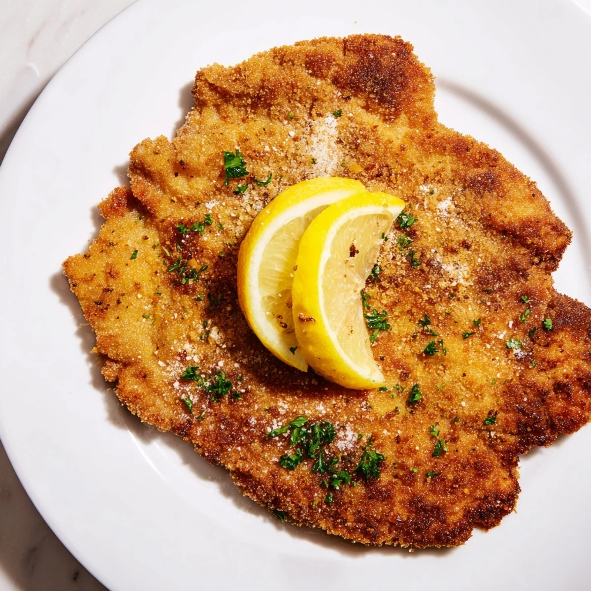 Perfectly cooked, crispy Air Fryer Wiener Schnitzel, ready to eat alongside fresh parsley garnish.