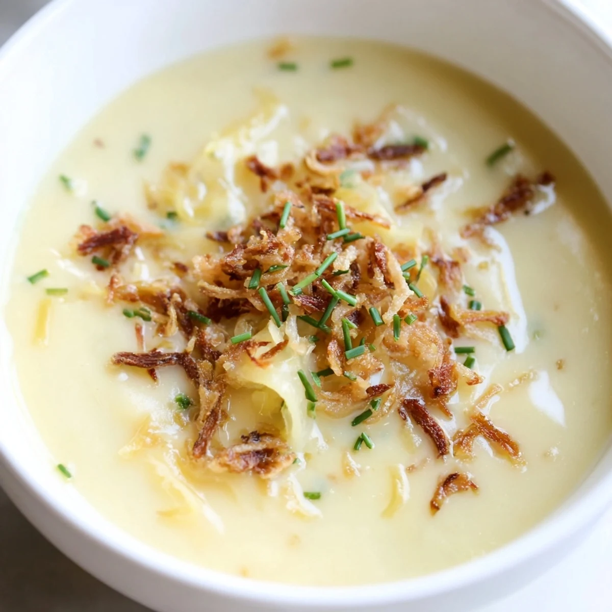 A close-up of a perfectly plated German cheese and onion beer soup garnished and ready to eat.