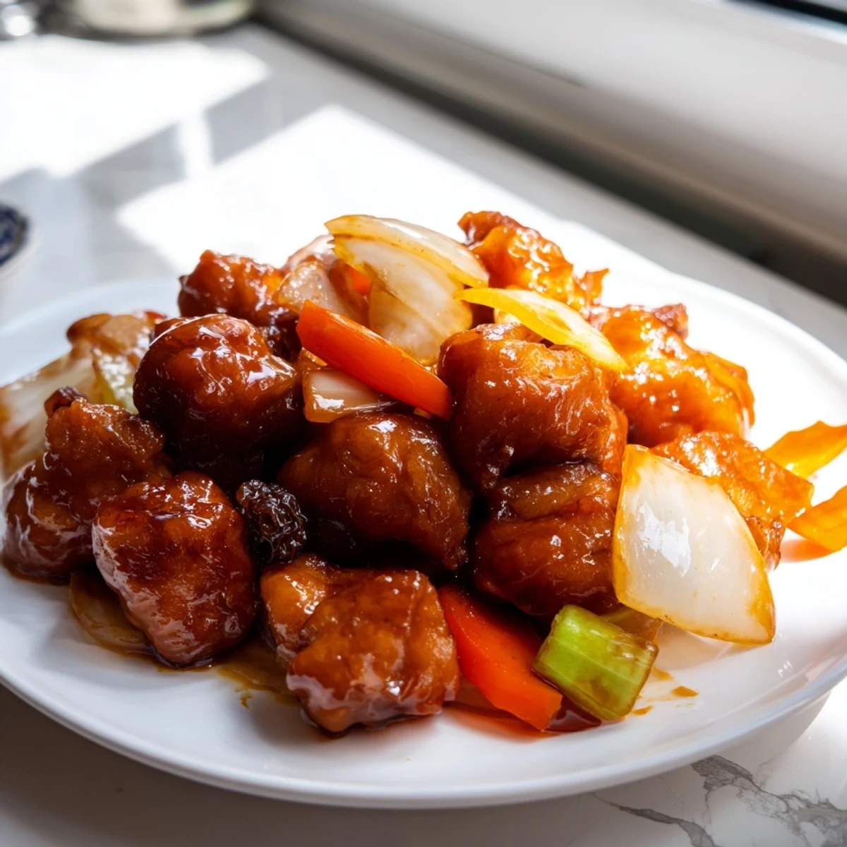 Golden-brown pork pieces simmering in a flavorful Sweet and Sour Sauerbraten Hack; a German classic.