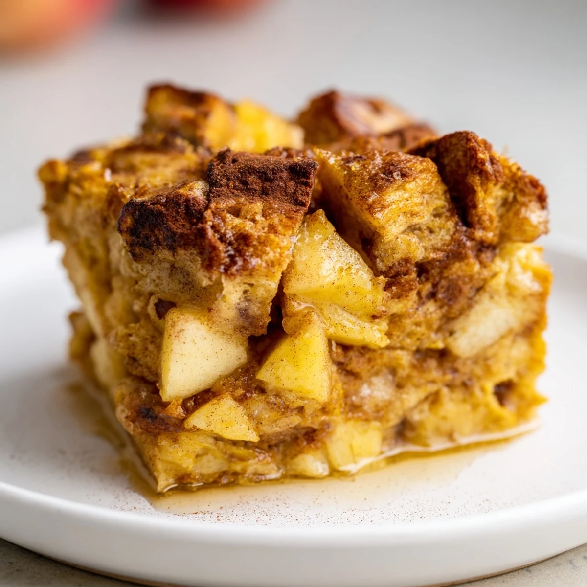 Homemade bread pudding recipe with apples, smelling warmly of cinnamon and freshly baked.
