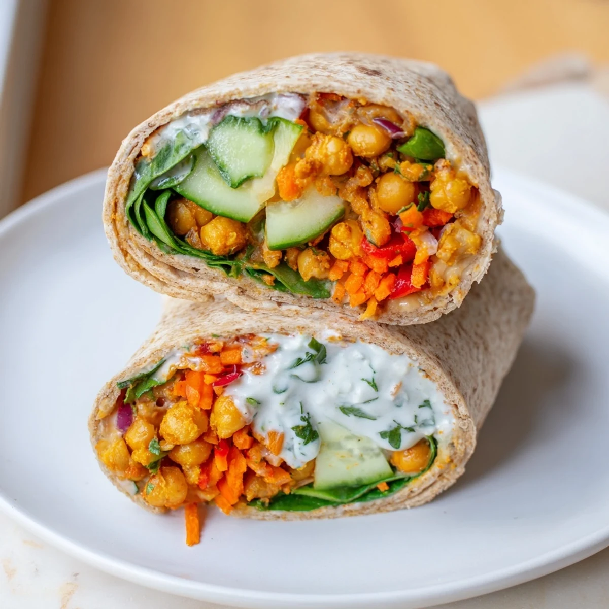 Warm Chickpea & Vegetable Wraps bursting with vibrant veggies and spiced chickpeas, ready to enjoy.