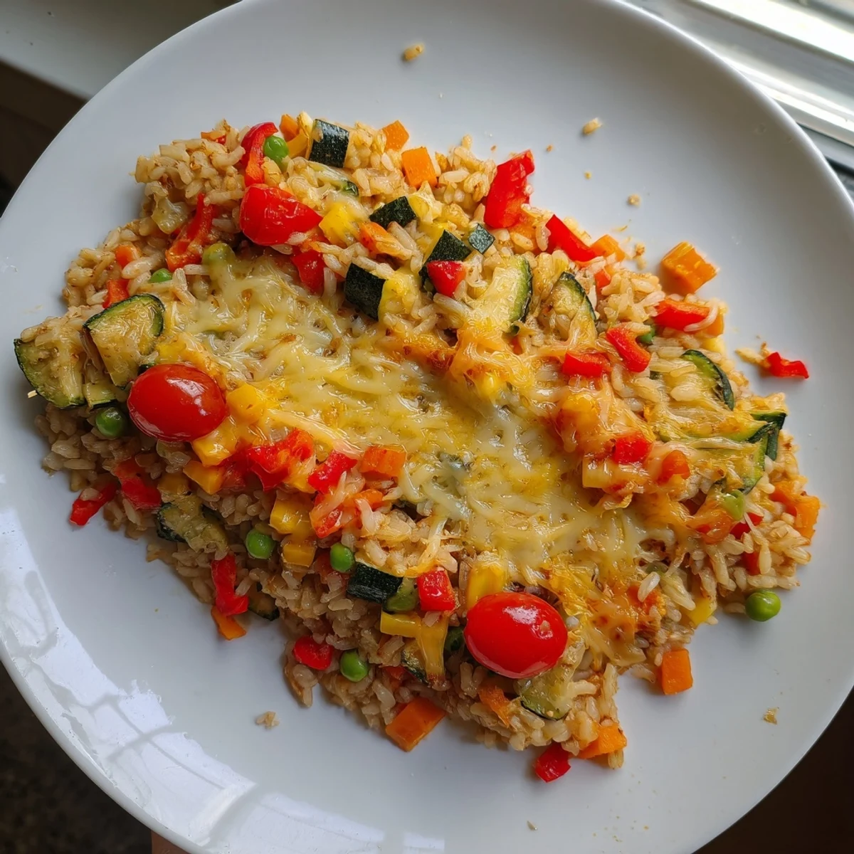 Golden brown Oven-Baked Rice with Vegetables & Cheese, a bubbling casserole ready to serve.
