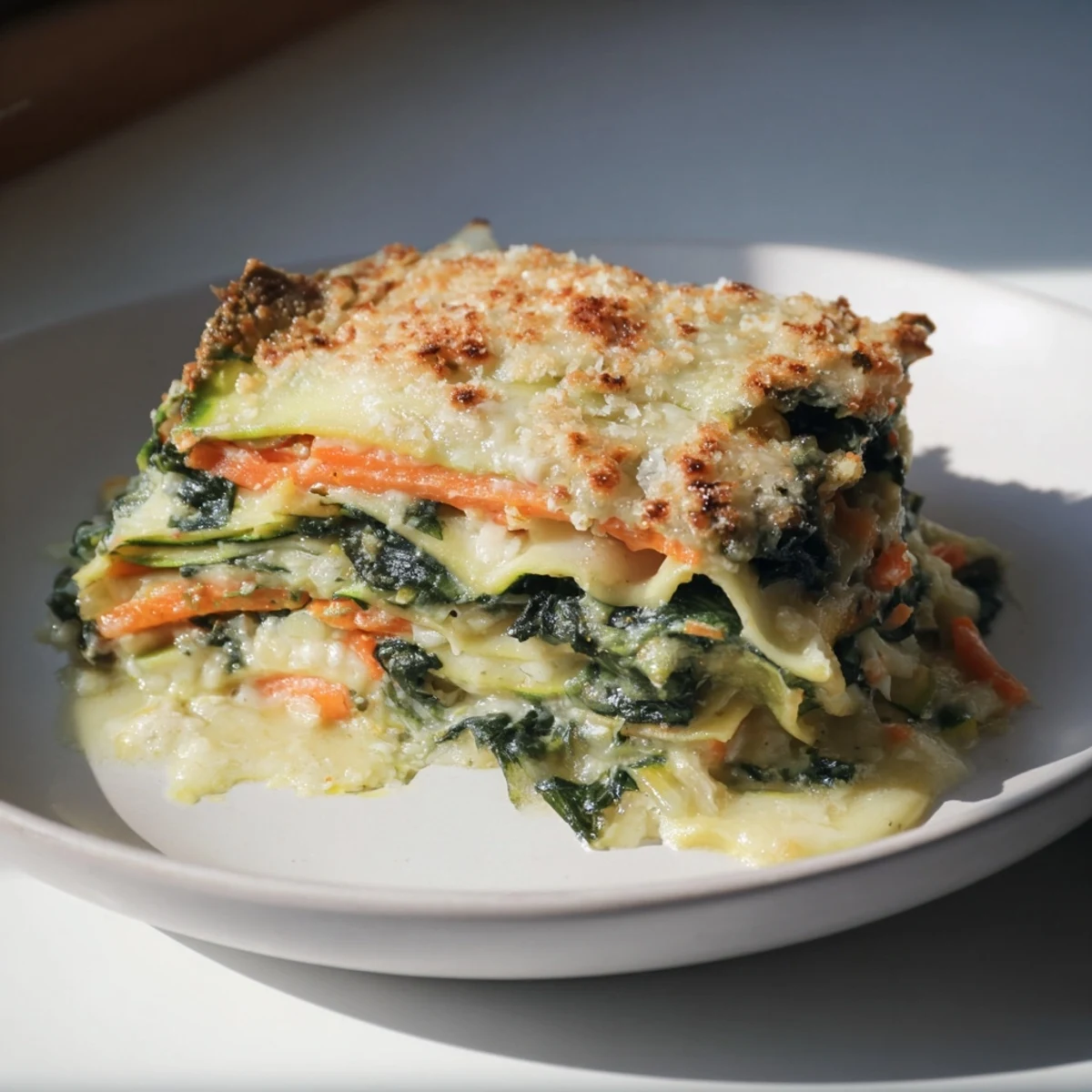 Steaming hot vegetable lasagna, layered with melty cheese, inviting you to enjoy this comfort food.