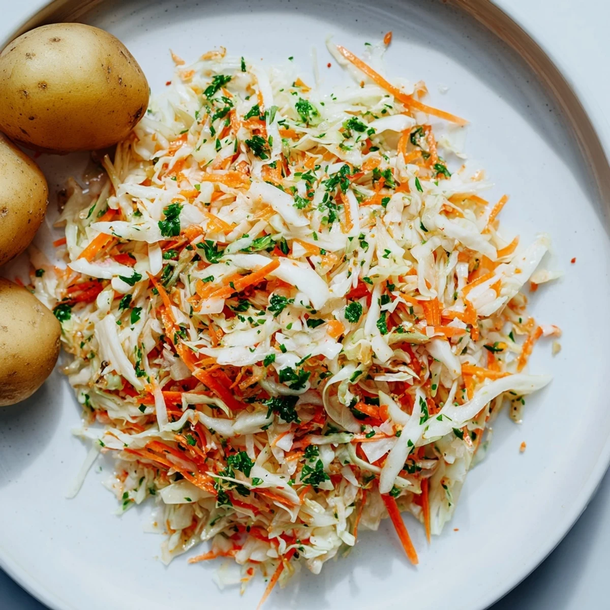 Tangy Krautsalat & Pellkartoffeln side dish, featuring vibrant, shredded cabbage alongside boiled potatoes.