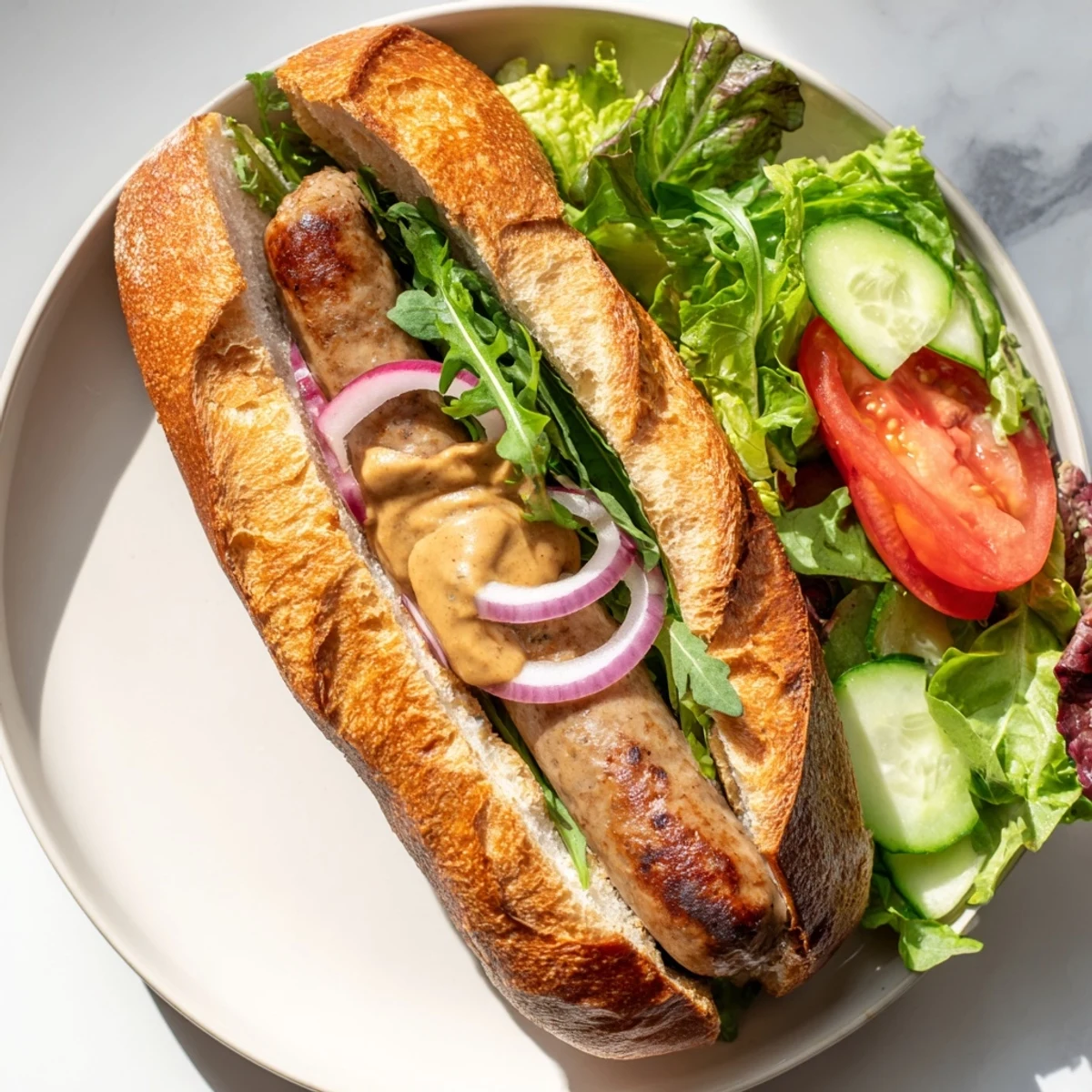 A close-up of a delicious Bratwurst in baguette, showing the tangy mustard and fresh toppings.