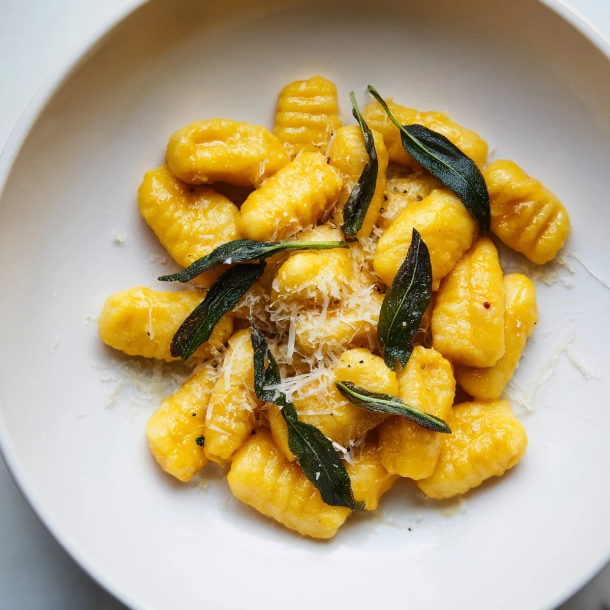 A plate of fresh butternut squash gnocchi with crispy sage in a warm, buttery sauce.
