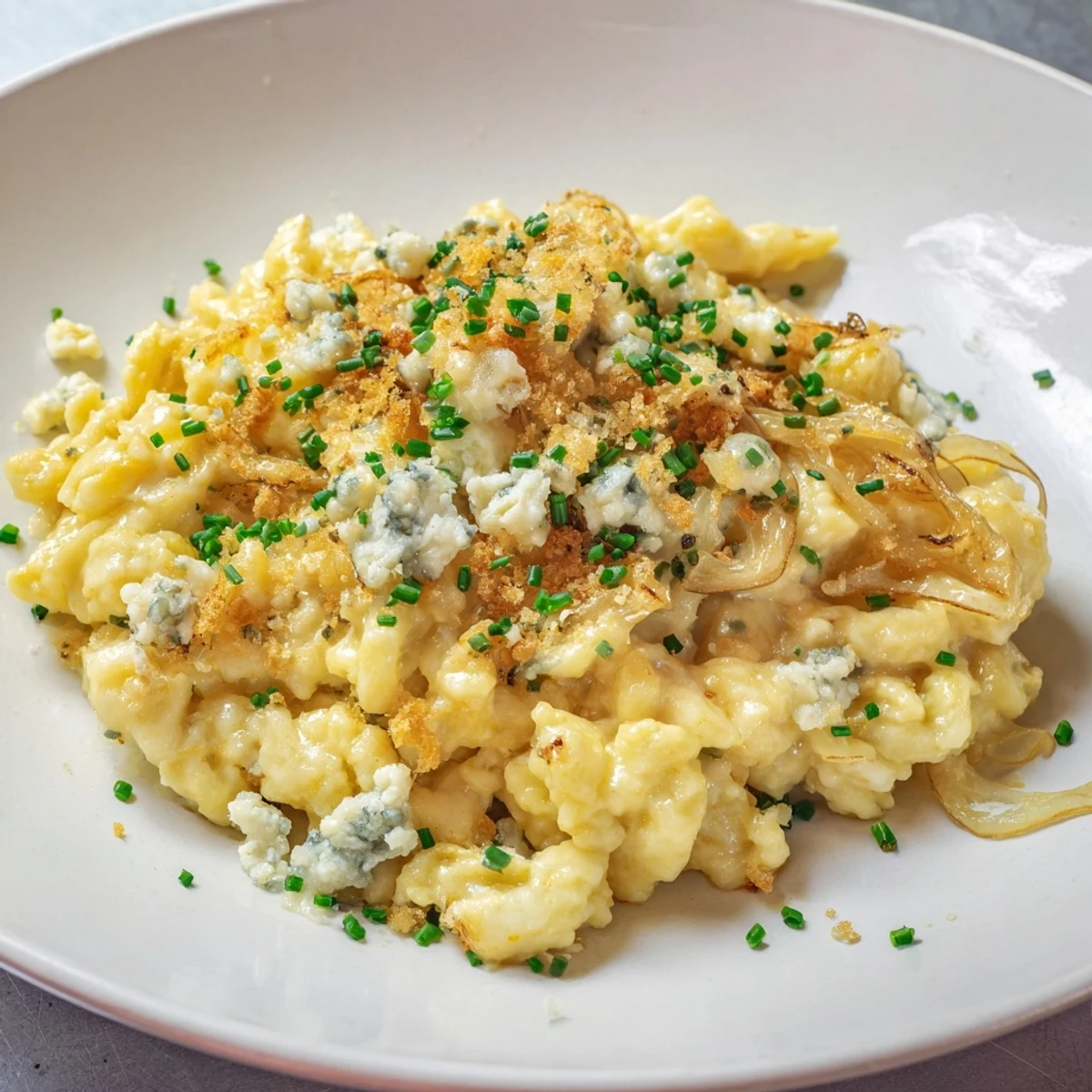 A large baking dish filled with creamy Käse-Spätzle Luxus, topped with golden cheese and onions.