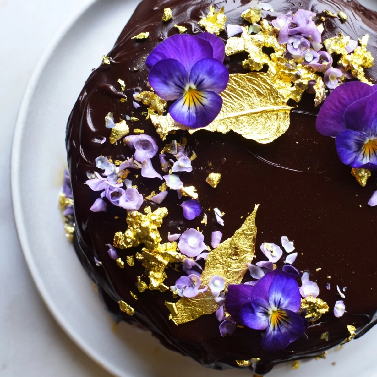 Dieser Wild Rat Cake, kunstvoll drapiert mit Gold, zeigt die reiche Schokoladenglasur und zarte Dekorationen.