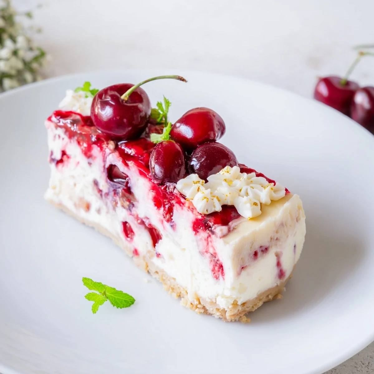 Rich, creamy Cherry Vibe Cheesecake with a vibrant cherry swirl and elegant gold leaf garnish.