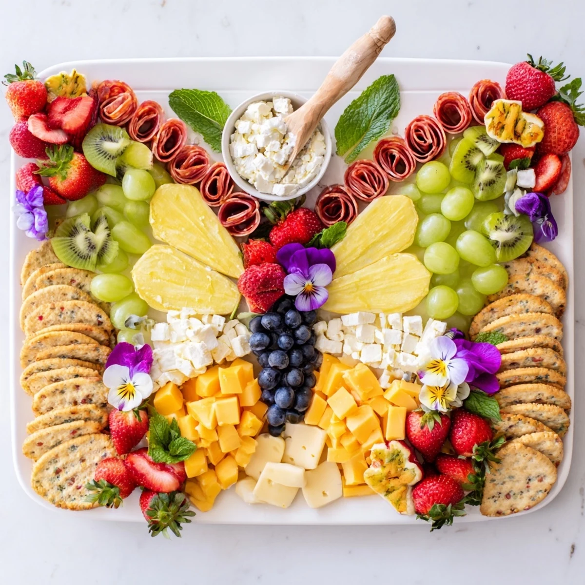 Creative butterfly summer board arrangement, packed with vibrant fruits and tasty summer cheeses.