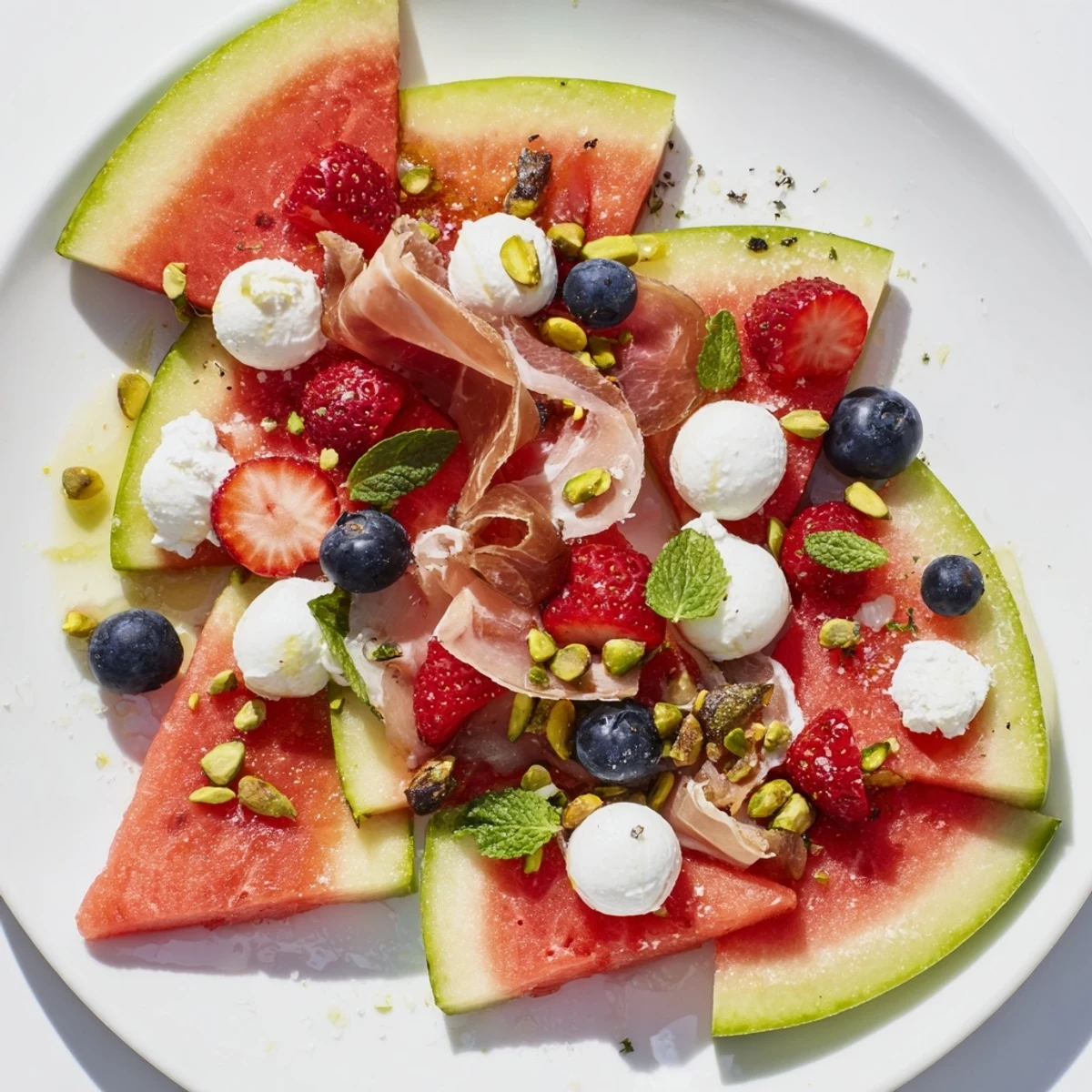 Visually appealing Watermelon Slice Charcuterie featuring sweet watermelon, salty prosciutto, and nuts, ready to enjoy.
