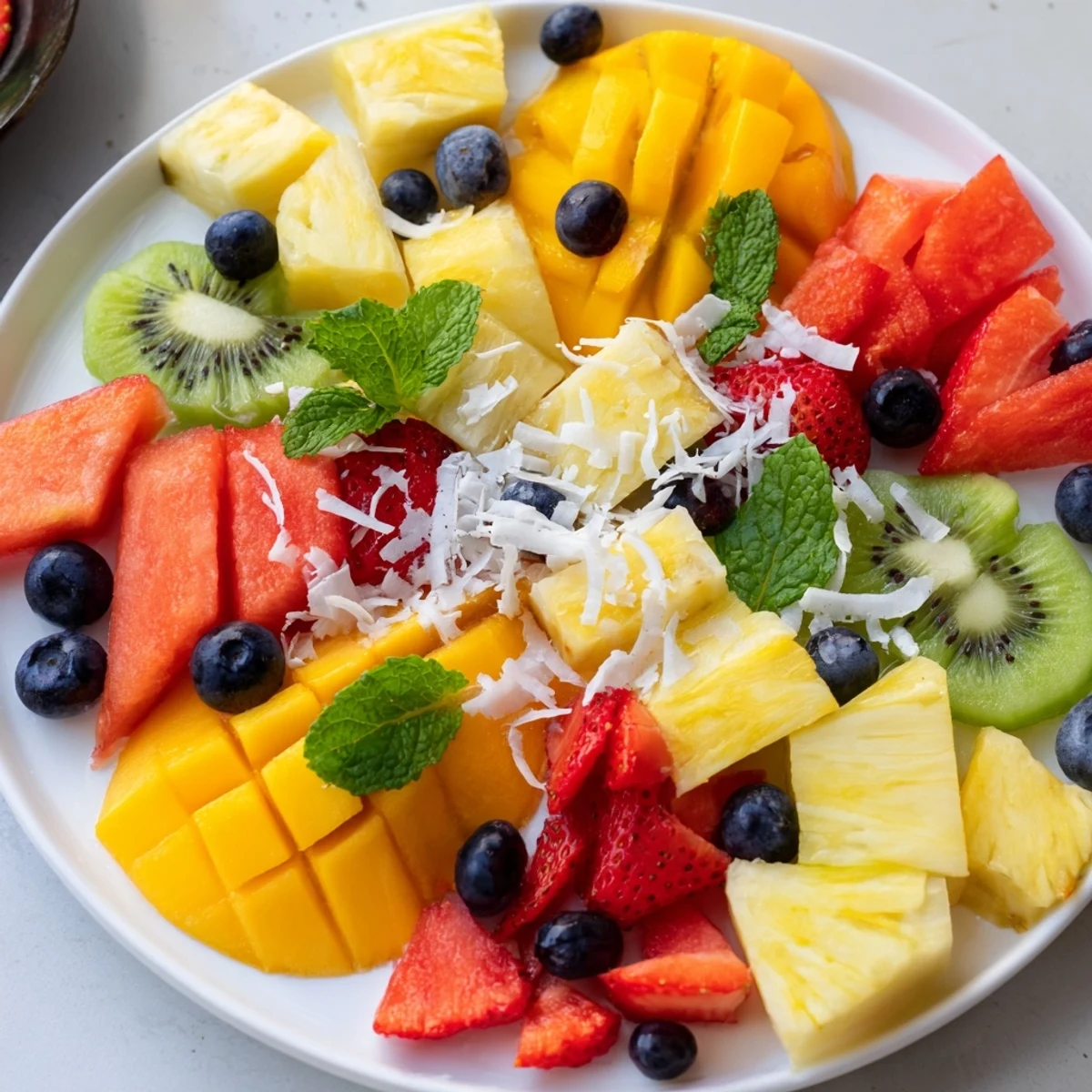 A beautifully arranged tropical pineapple platter, showcasing fresh pineapple and other juicy fruits.