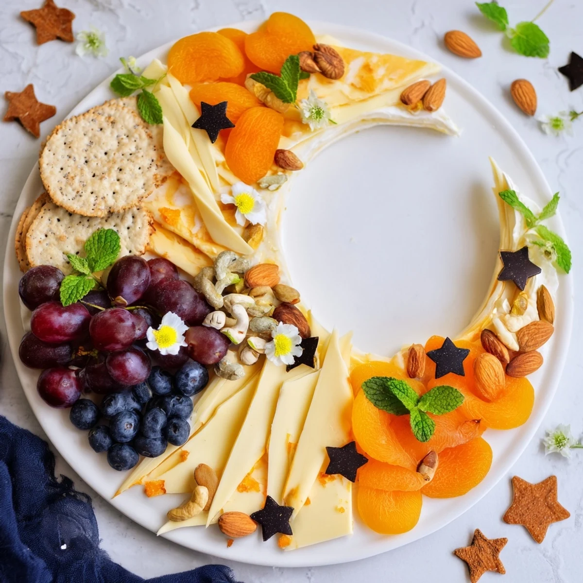 A gorgeously styled Crescent Moon Midnight Snack Board with cheeses, fruits, and crackers laid out.