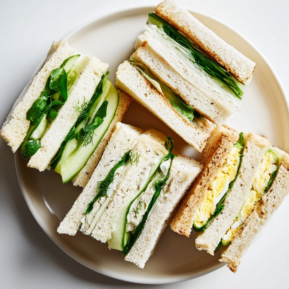 Delicate Castle Feast Royal Tea Party Sandwiches: Three-tiered platter of finger sandwiches ready to serve.