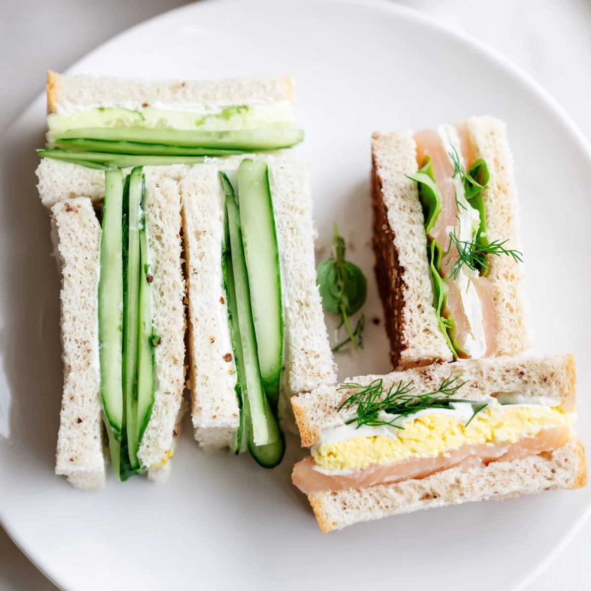A close-up view of elegant Castle Feast Royal Tea Party Sandwiches, showing perfect sandwich cuts.