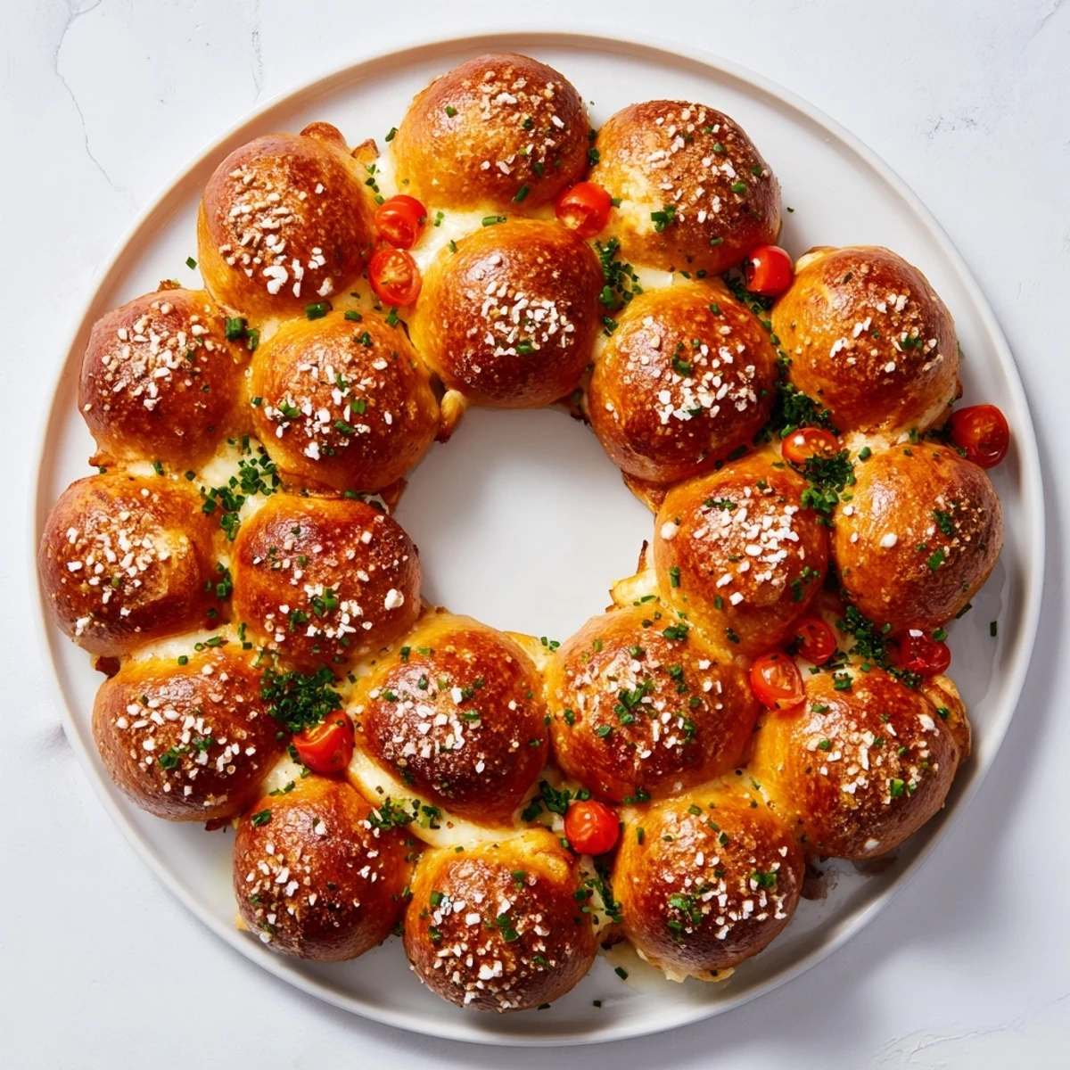 Golden-brown Pretzel Joy Wreath appetizer ring, soft inside with melting cheese, ready for serving warm.