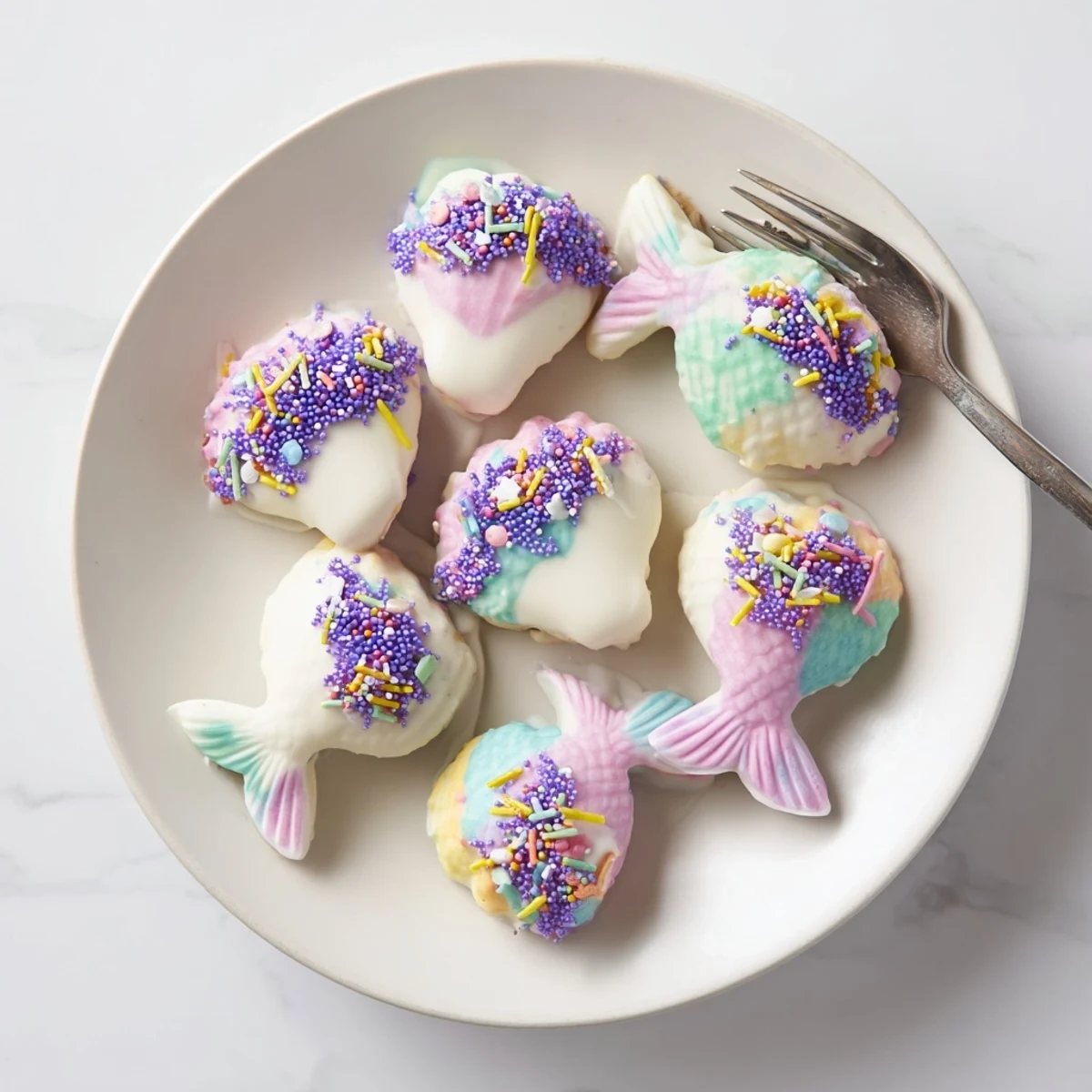 Delicate, pastel Mignardises Queue de Sirène, showing fluffy madeleines dipped in white chocolate and shimmering sprinkles.