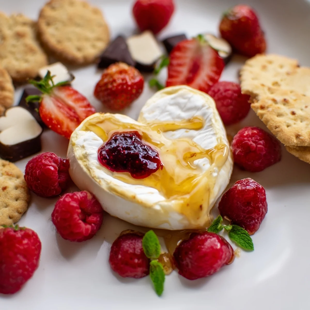 Creamy Sweetheart Brie and Jam Board arrangement with fresh berries, crackers, and sweet honey.