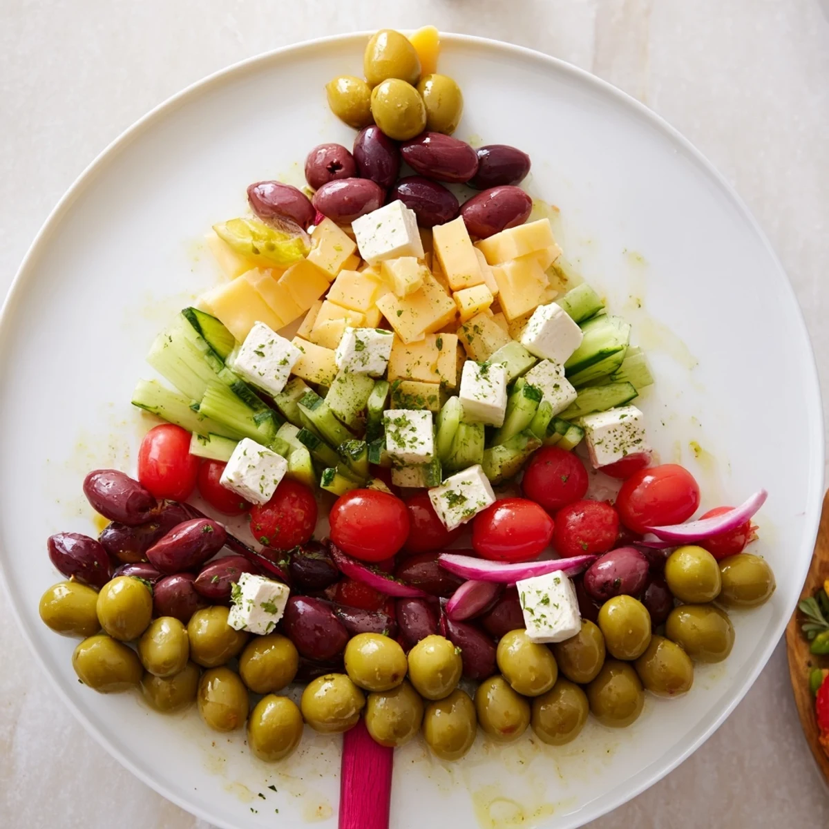 Festive cheese and olives pine tree wreath, an inviting holiday appetizer with colorful olives and cheese cubes.