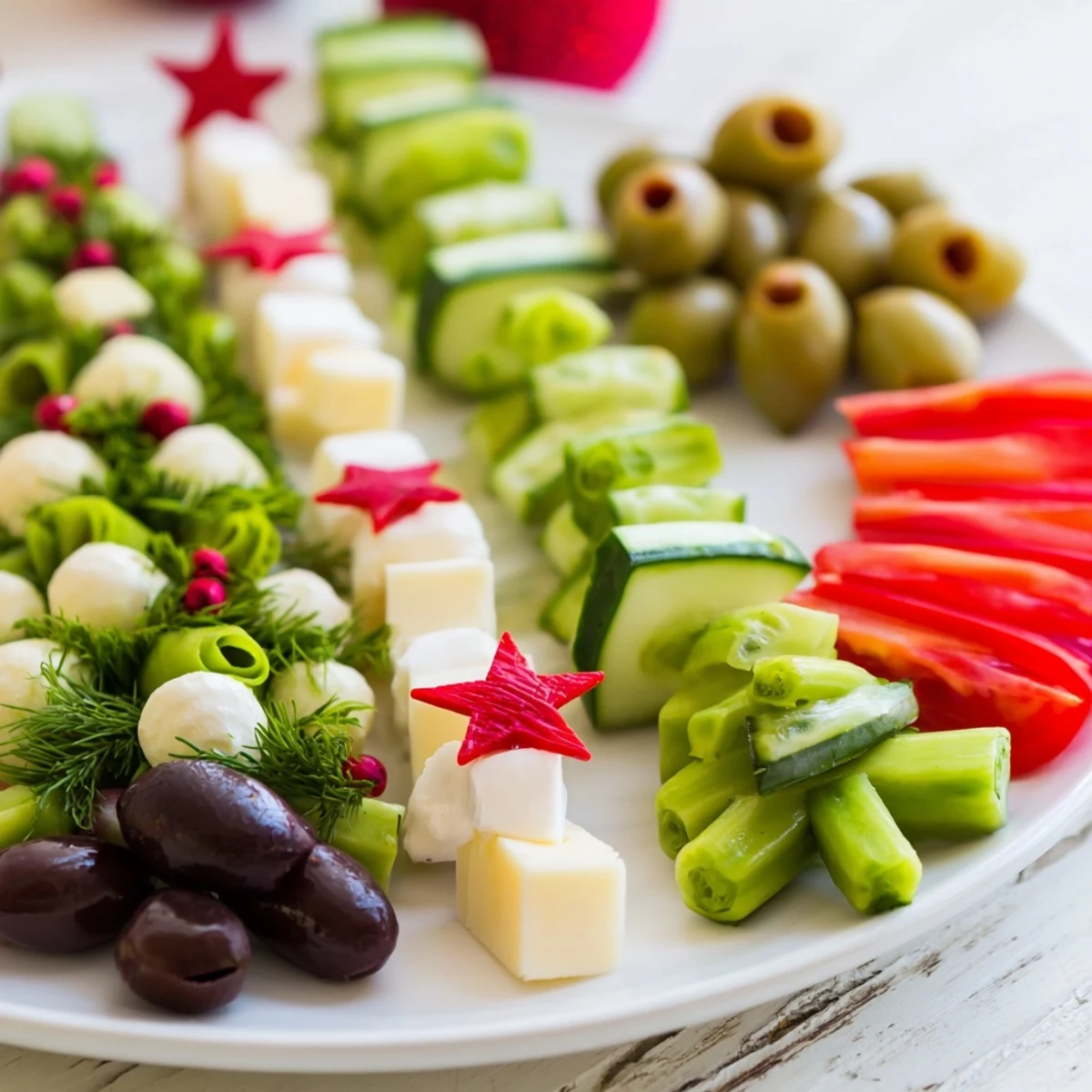 Vibrant close-up of a cheese and olives pine tree wreath, ready to serve with crackers for guests.