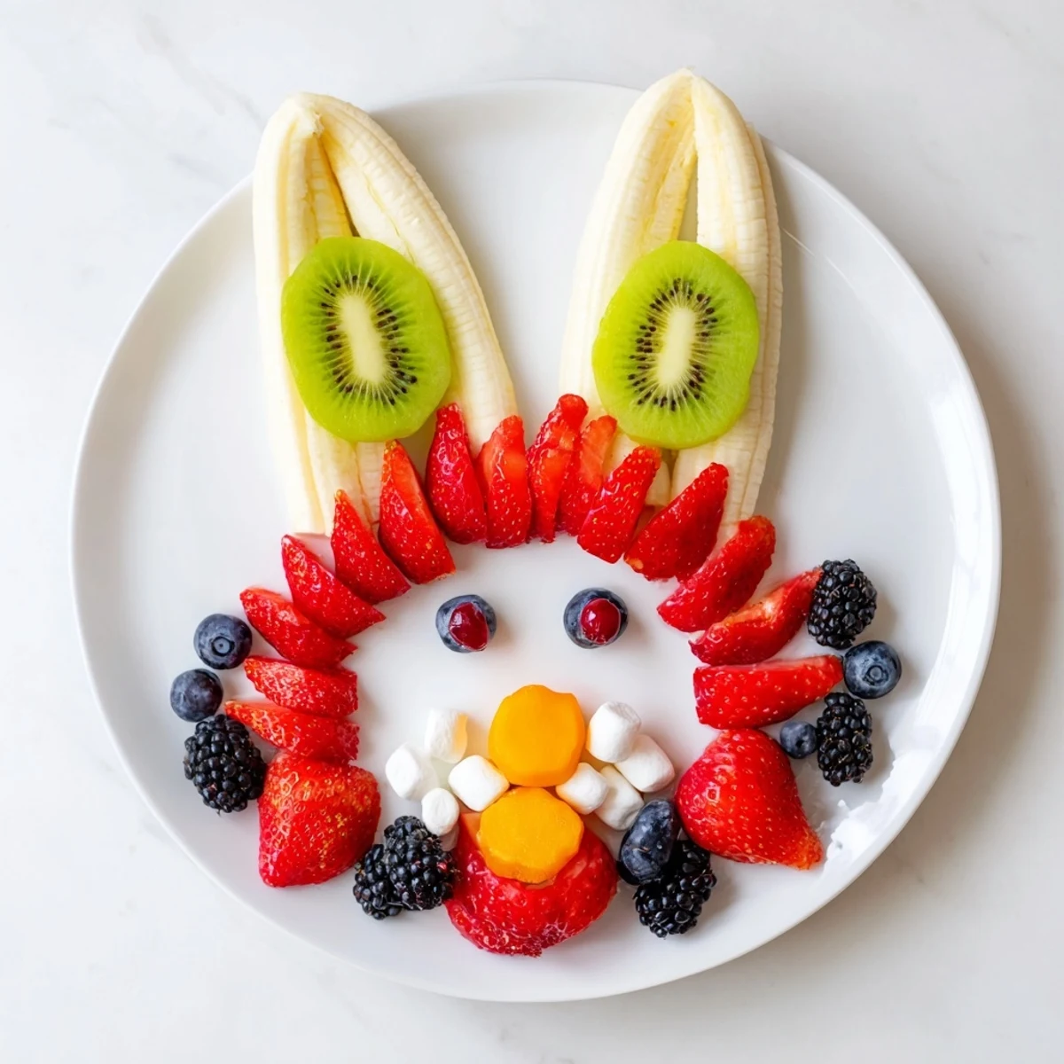 Bunny face fruit salad platter, a vibrant, colorful, and healthy Easter brunch creation for everyone.