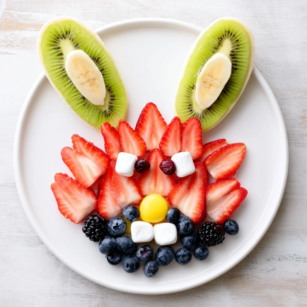 Delightful bunny face fruit salad: a whimsical assortment of fresh fruit perfect for kids and adults at brunch.