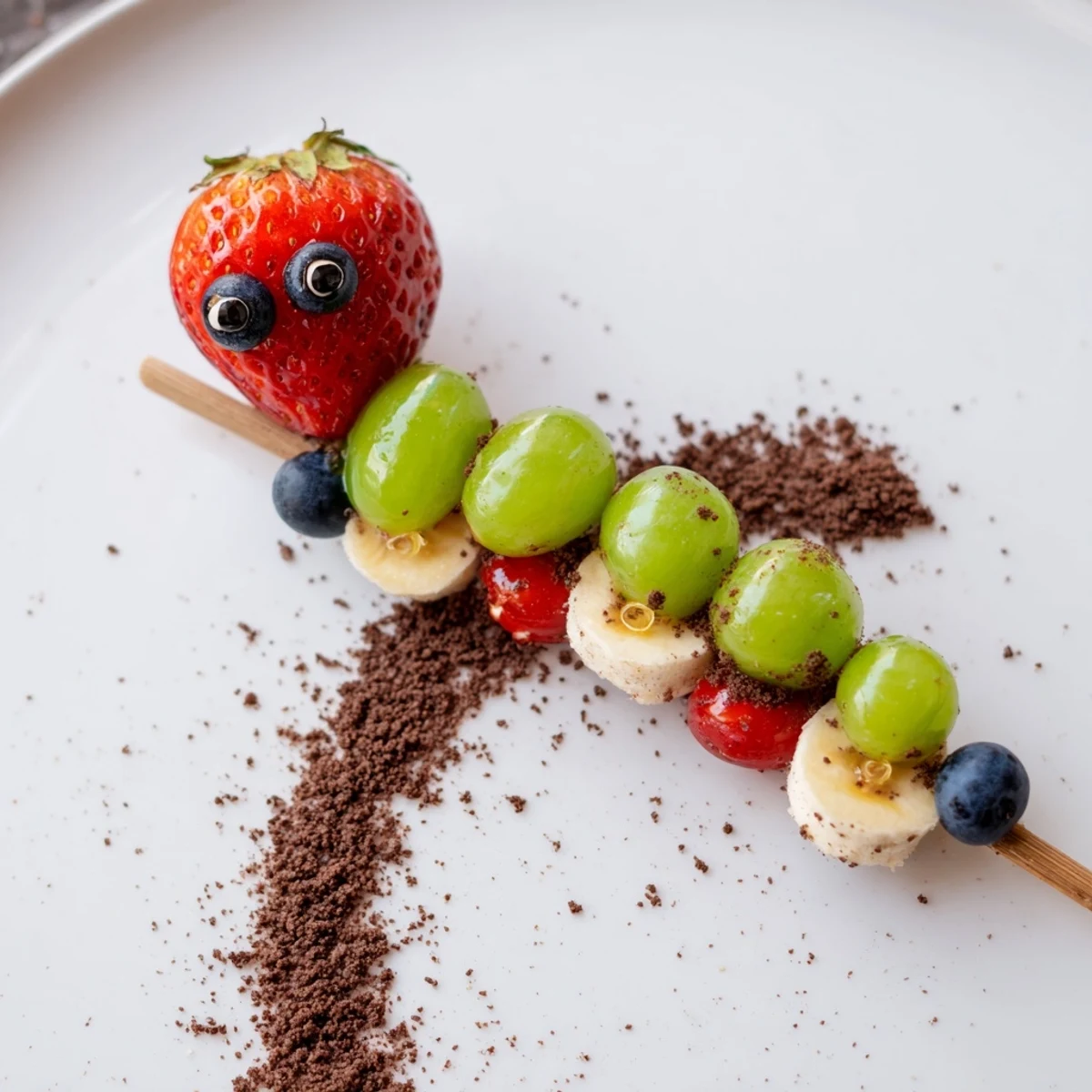 Colorful Caterpillar Fruit Skewer Track: Grapes, strawberries, and kiwi create a playful snack on cookie crumbs.