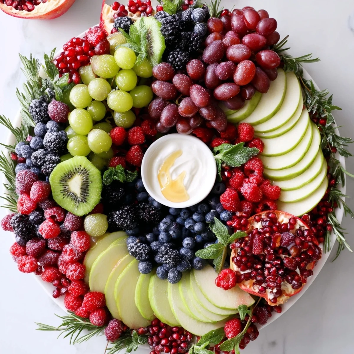 A visually appealing close-up of the beautiful Winter Berry Wreath Fruit Board appetizer, perfect for a holiday party.