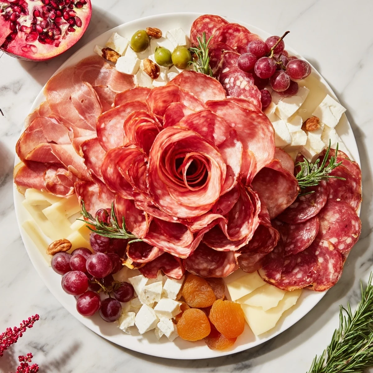 Elegant charcuterie board featuring a meat rose bouquet, cheese, and grapes, ready to serve.