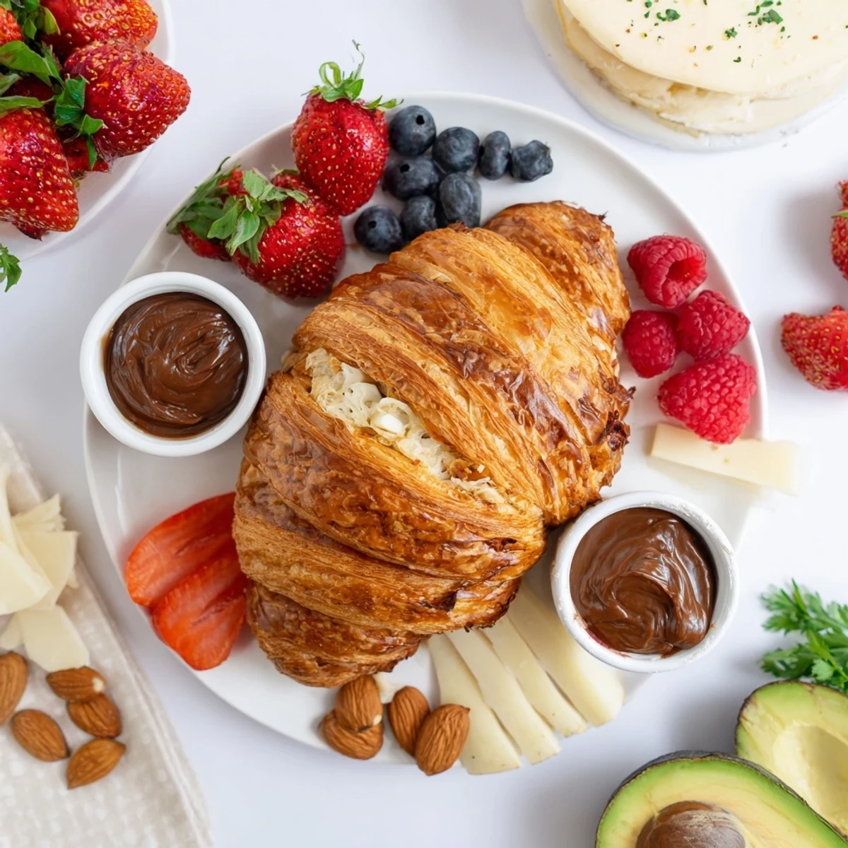 Warm, flaky Cozy Fireplace Croissant Board featuring berries, cheese, and jam, ready for breakfast.