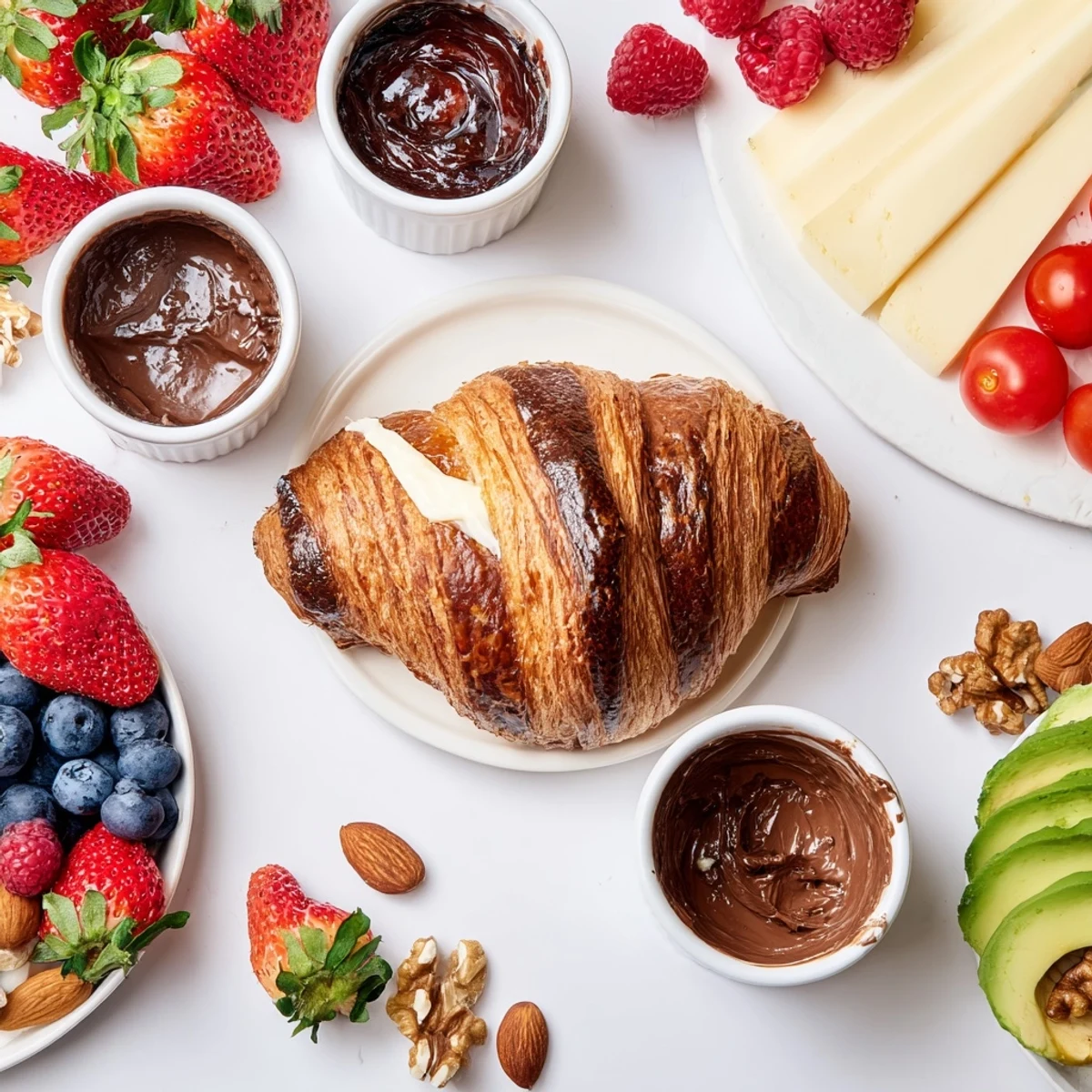 Imagine the delightful Cozy Fireplace Croissant Board, a brunch with fresh croissants, fruit, and cheese.