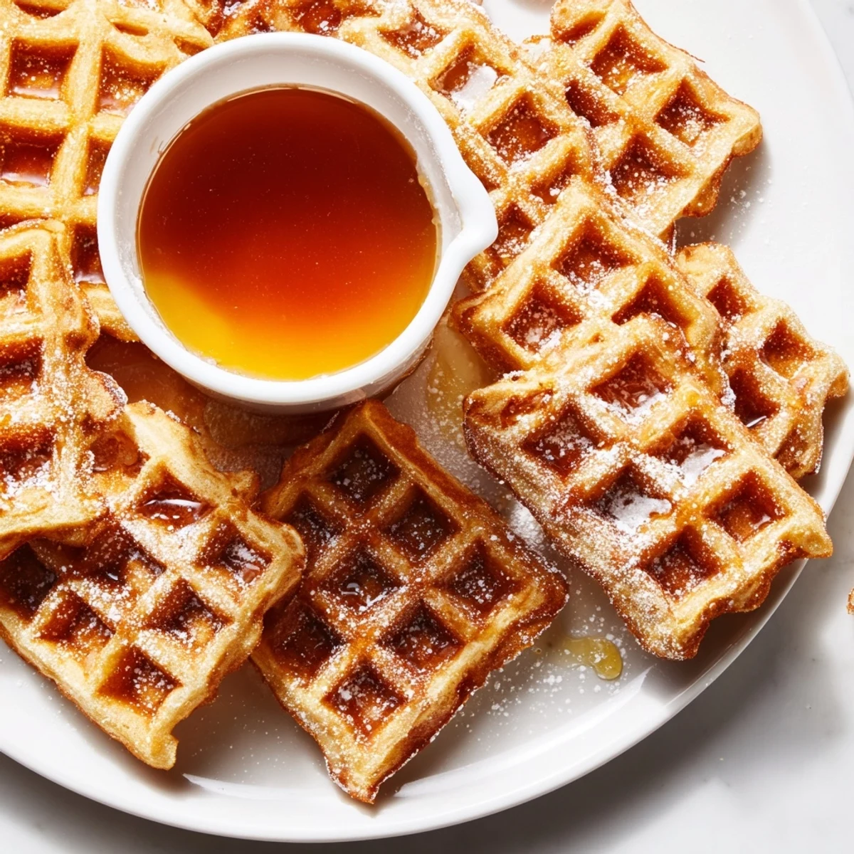 Freshly made waffle quarters served with syrup and berries, a delightful American breakfast.