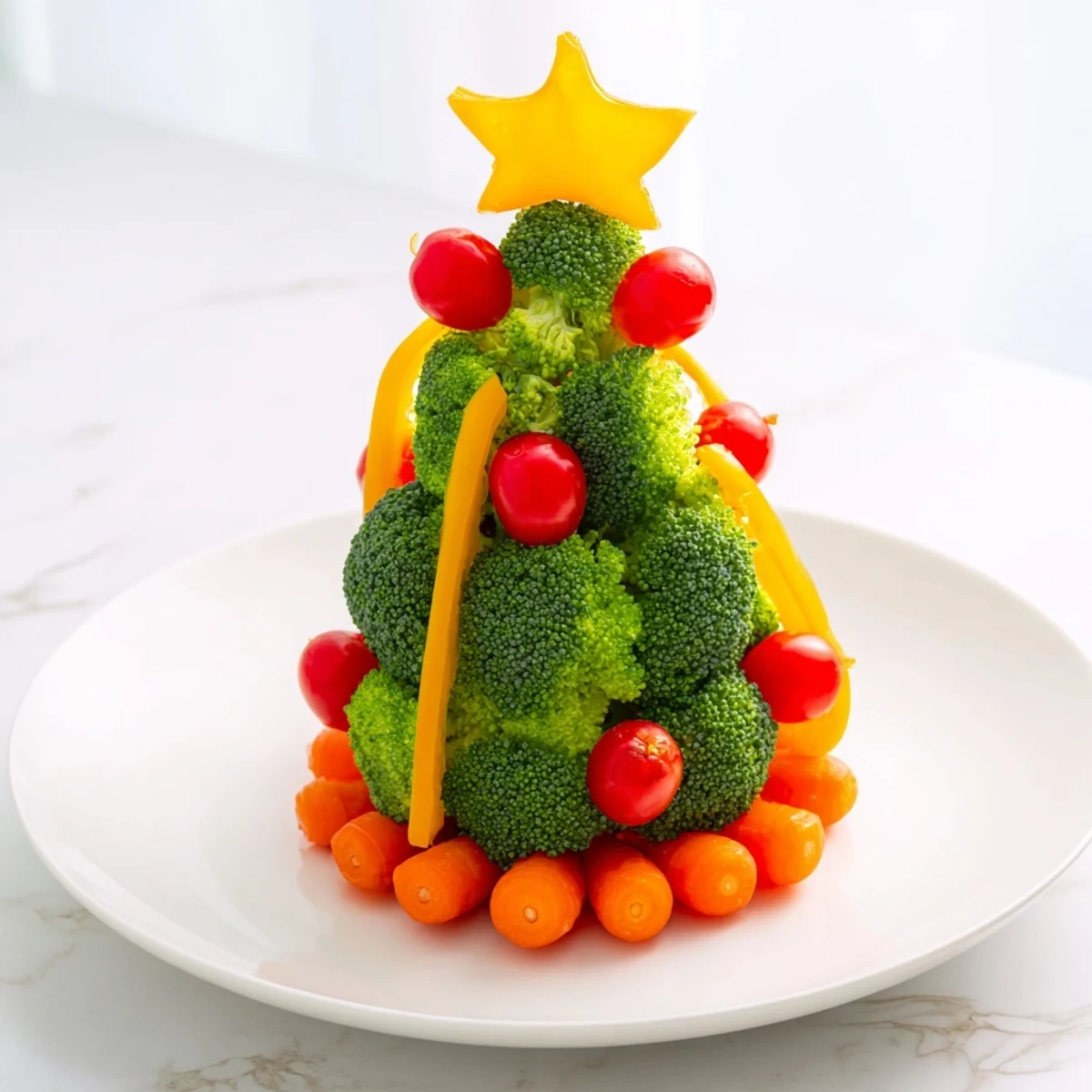 Festive Broccoli Tree with vibrant cherry tomato ornaments on a platter, ready to serve as a healthy snack.