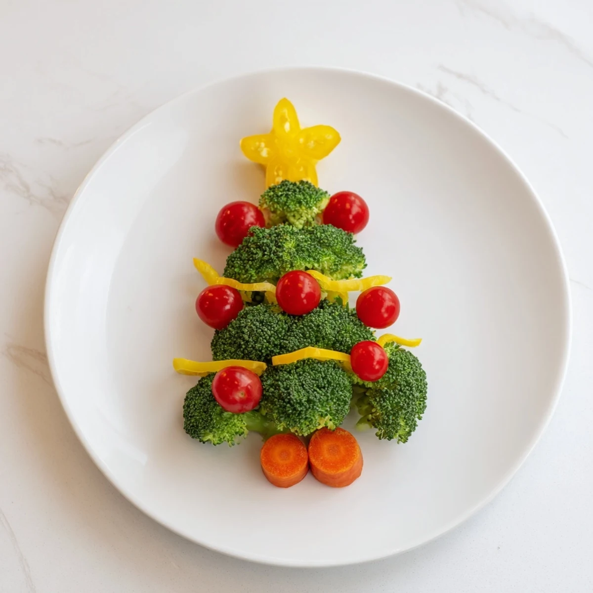 A close-up of the Broccoli Tree, a whimsical platter with cherry tomato "ornaments," ideal for a party.