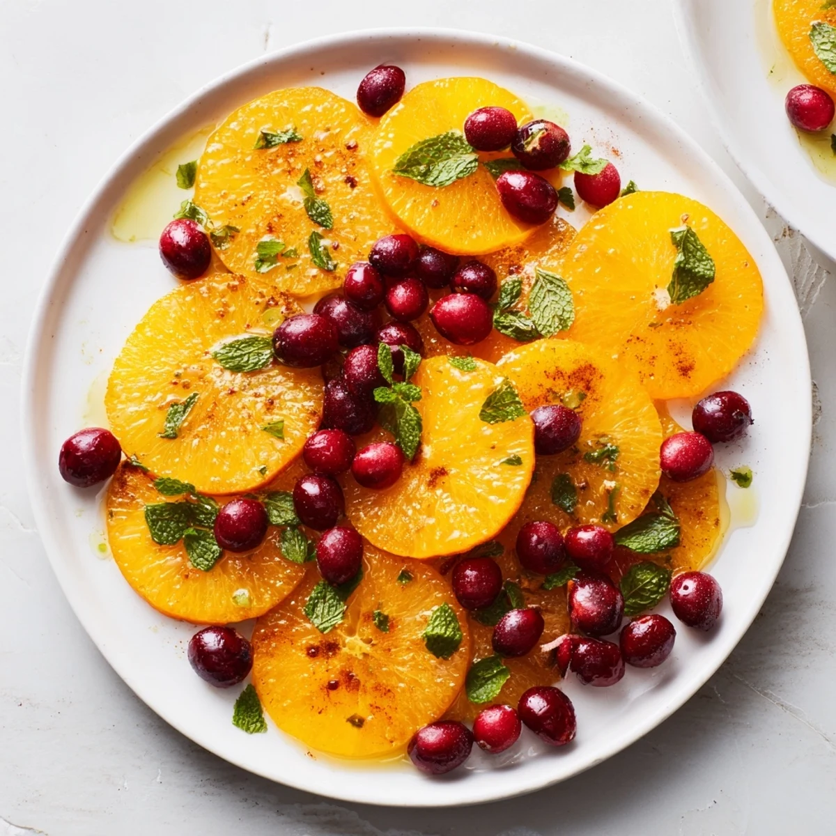 Slices of winter fruit salad: juicy oranges and bright red cranberries, ready to serve.