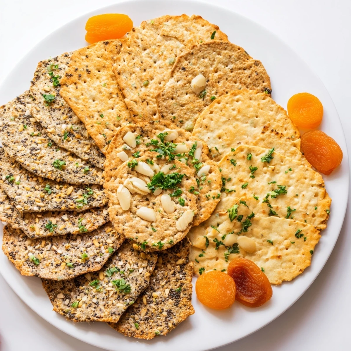 A beautiful array of gourmet crackers, showcasing assorted textures and colors, ideal for elegant snacking.