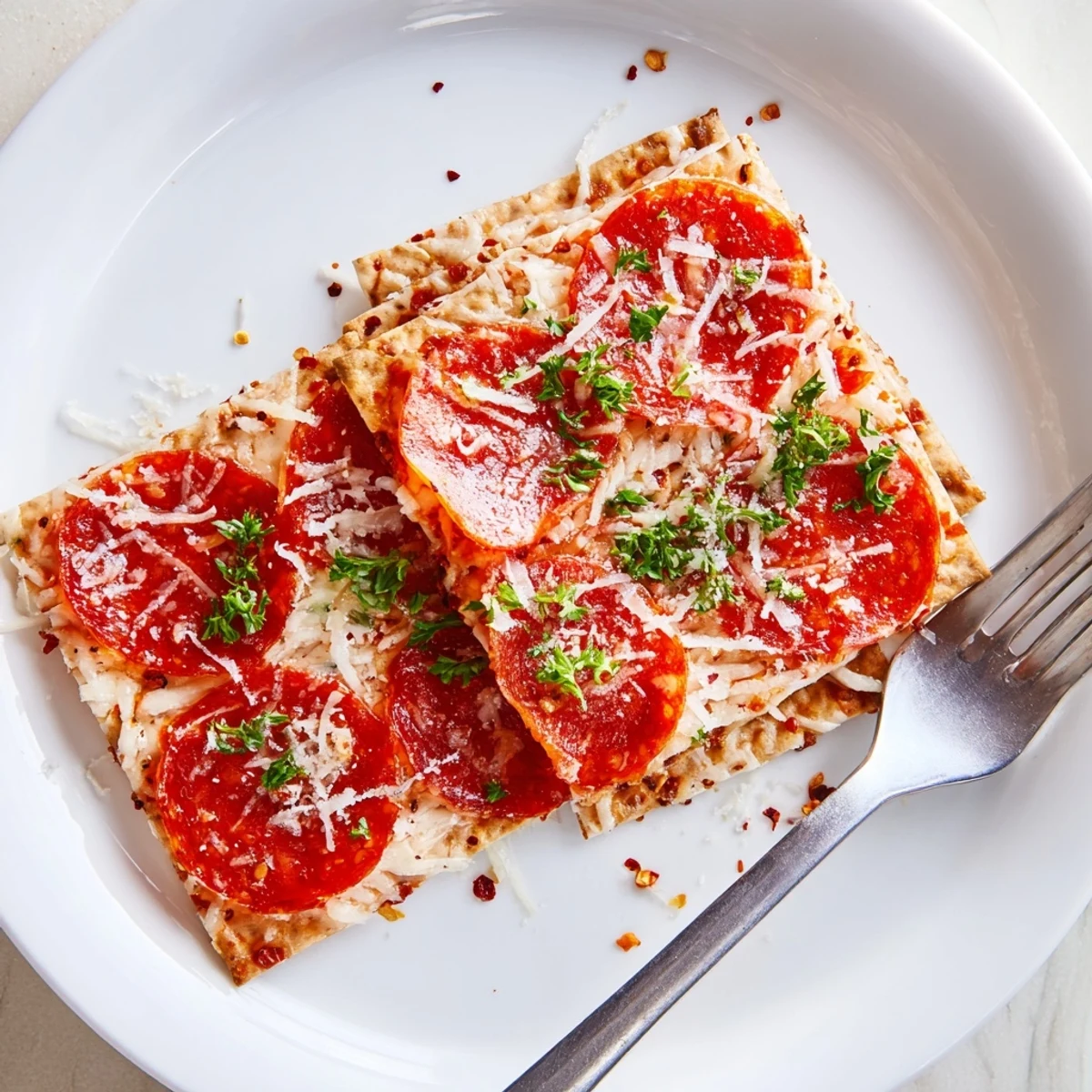 Warm, melty Savory Bites: Pepperoni stacked on crackers, a perfect, flavorful appetizer ready to enjoy.