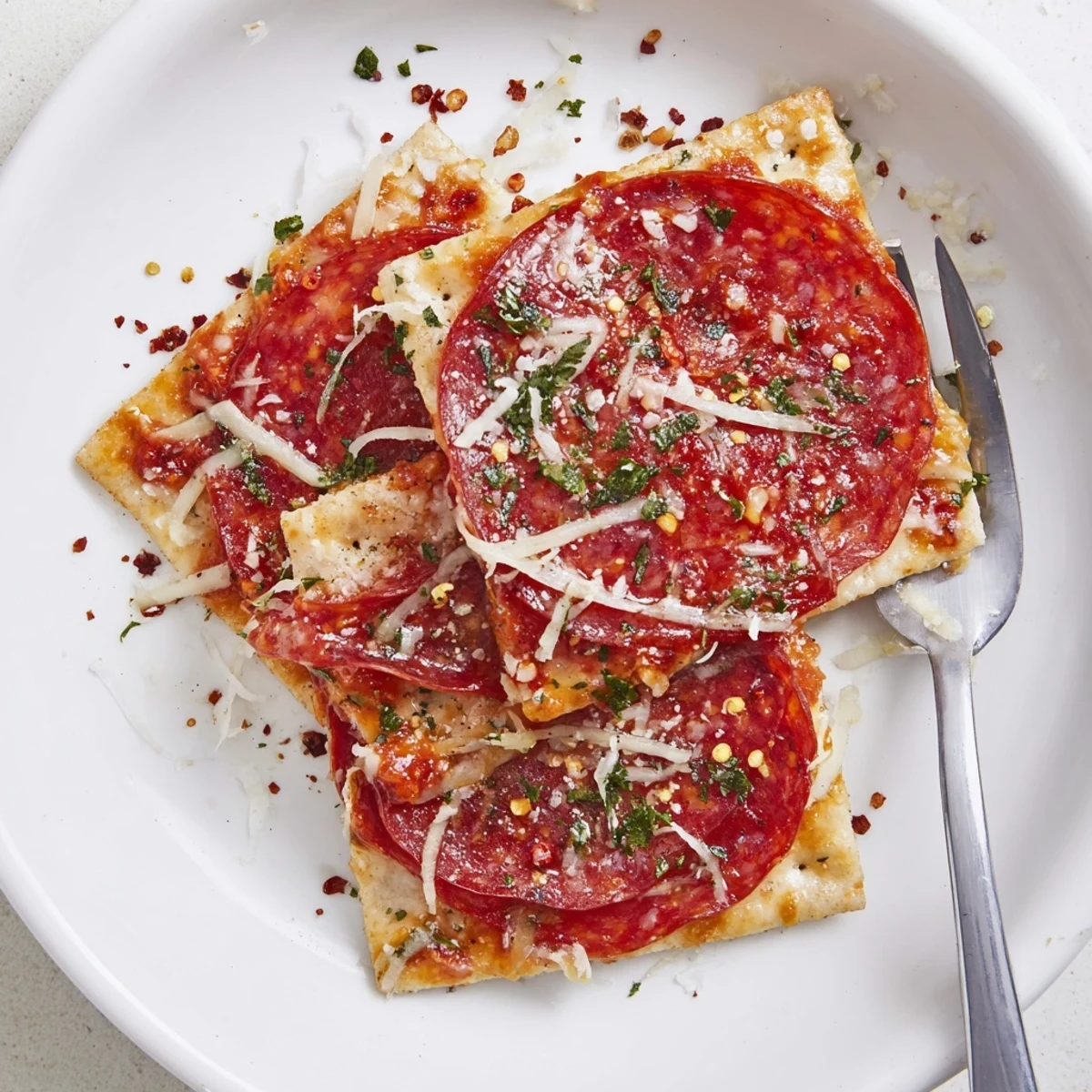 Close-up of baked Savory Bites: Pepperoni on crackers with bubbling cheese, an easy snack or party treat.