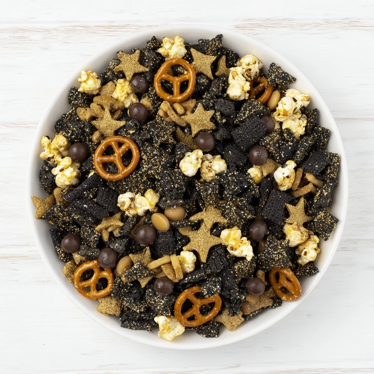 Golden and Black Midnight Snack Mix with a beautiful scattering of golden sprinkles and dark chocolate.